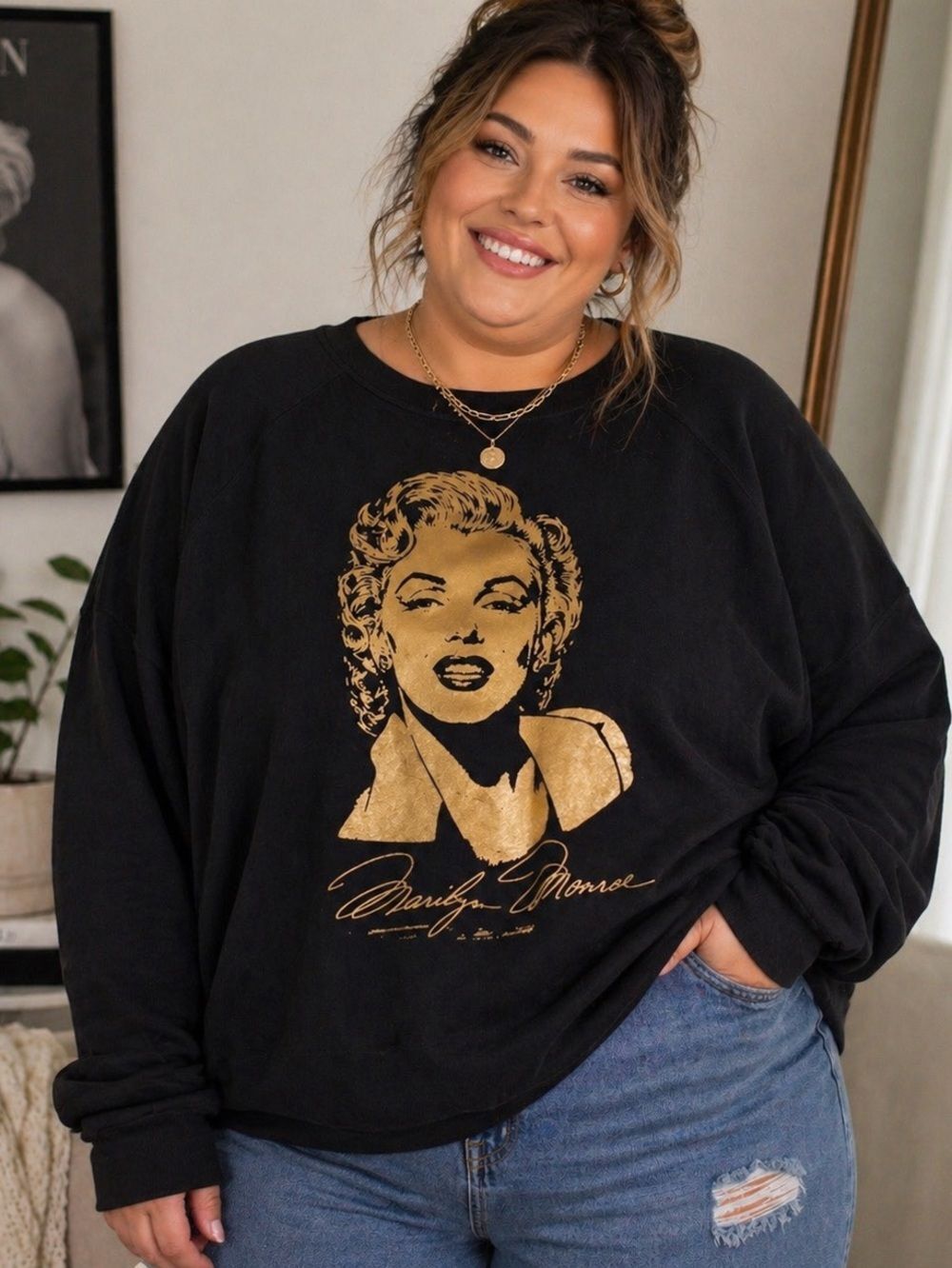 Marilyn Monroe Graphic Sweatshirt Lee Black Gold Oversized Plus 4X